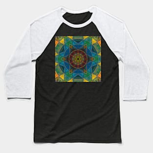 Mosaic Kaleidoscope Flower Blue Yellow and Green Baseball T-Shirt